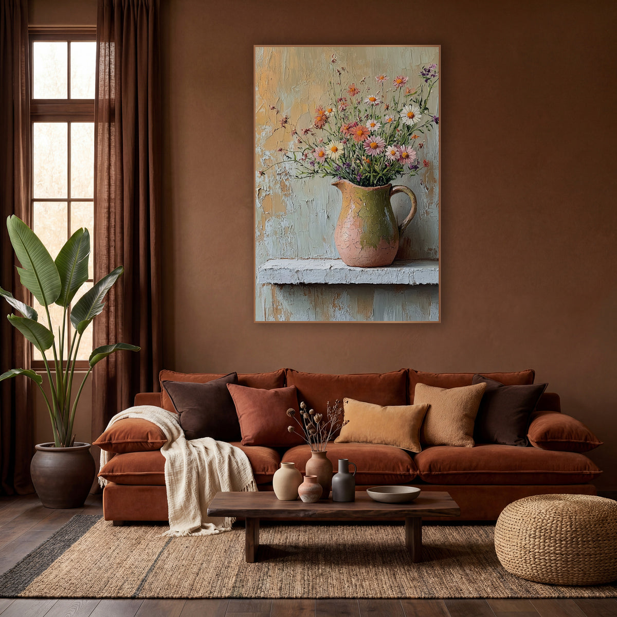 Wildflower Jug Still Life Boho wall art in a warm boho-style room – wildflowers in a crackled pink and olive jug