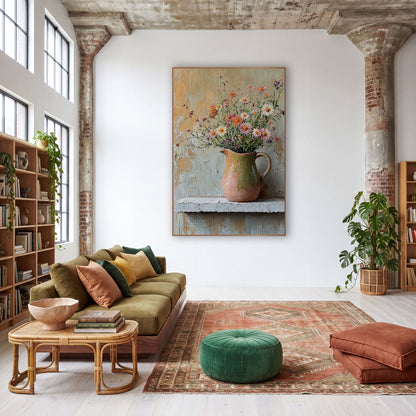 Wildflower Jug Still Life Boho wall art in a warm boho-style room – wildflowers in a crackled pink and olive jug