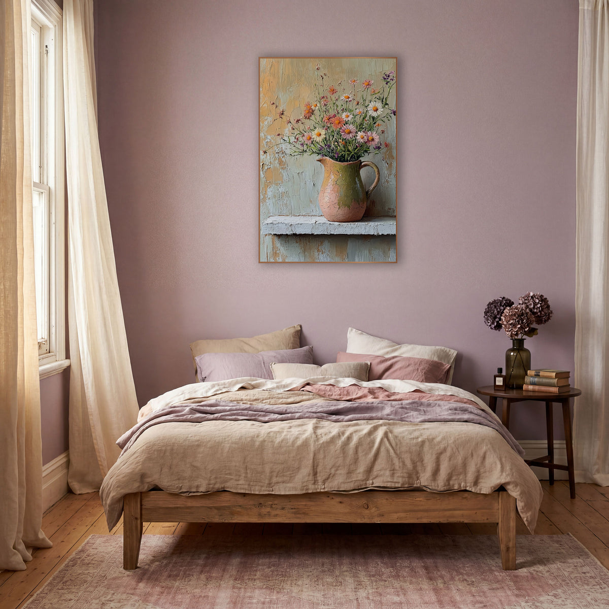 Wildflower Jug Still Life Boho wall art in a warm boho-style room – wildflowers in a crackled pink and olive jug