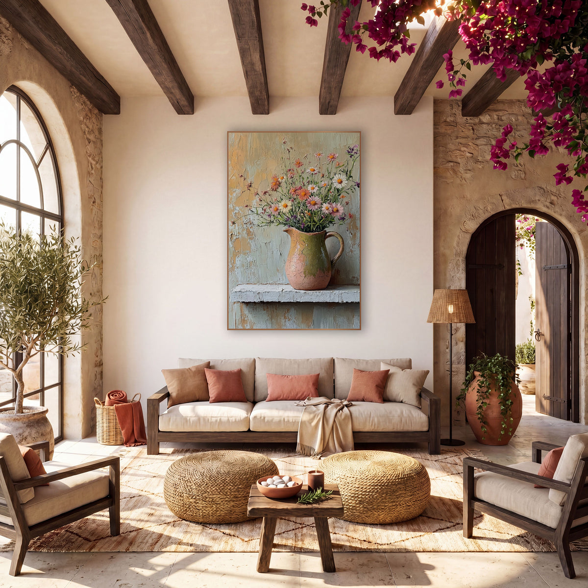 Wildflower Jug Still Life Boho wall art in a warm boho-style room – wildflowers in a crackled pink and olive jug