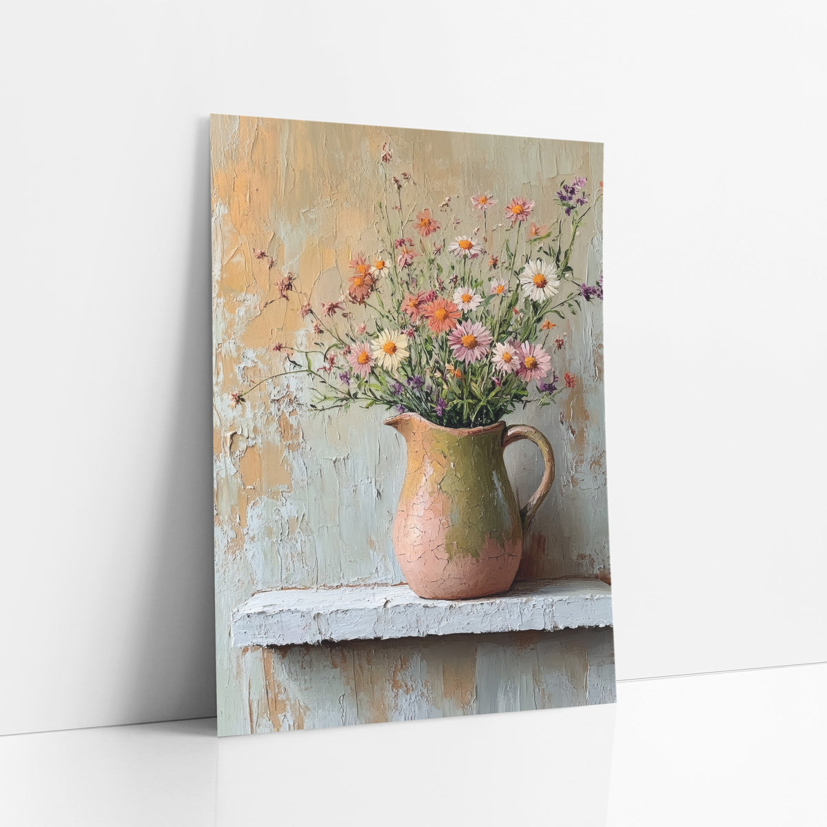 Wildflower Jug Still Life Boho art print leaning against a white wall – wildflowers in a crackled pink and olive jug