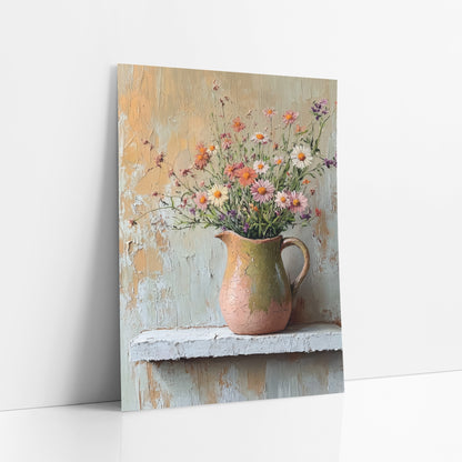 Wildflower Jug Still Life Boho art print leaning against a white wall – wildflowers in a crackled pink and olive jug