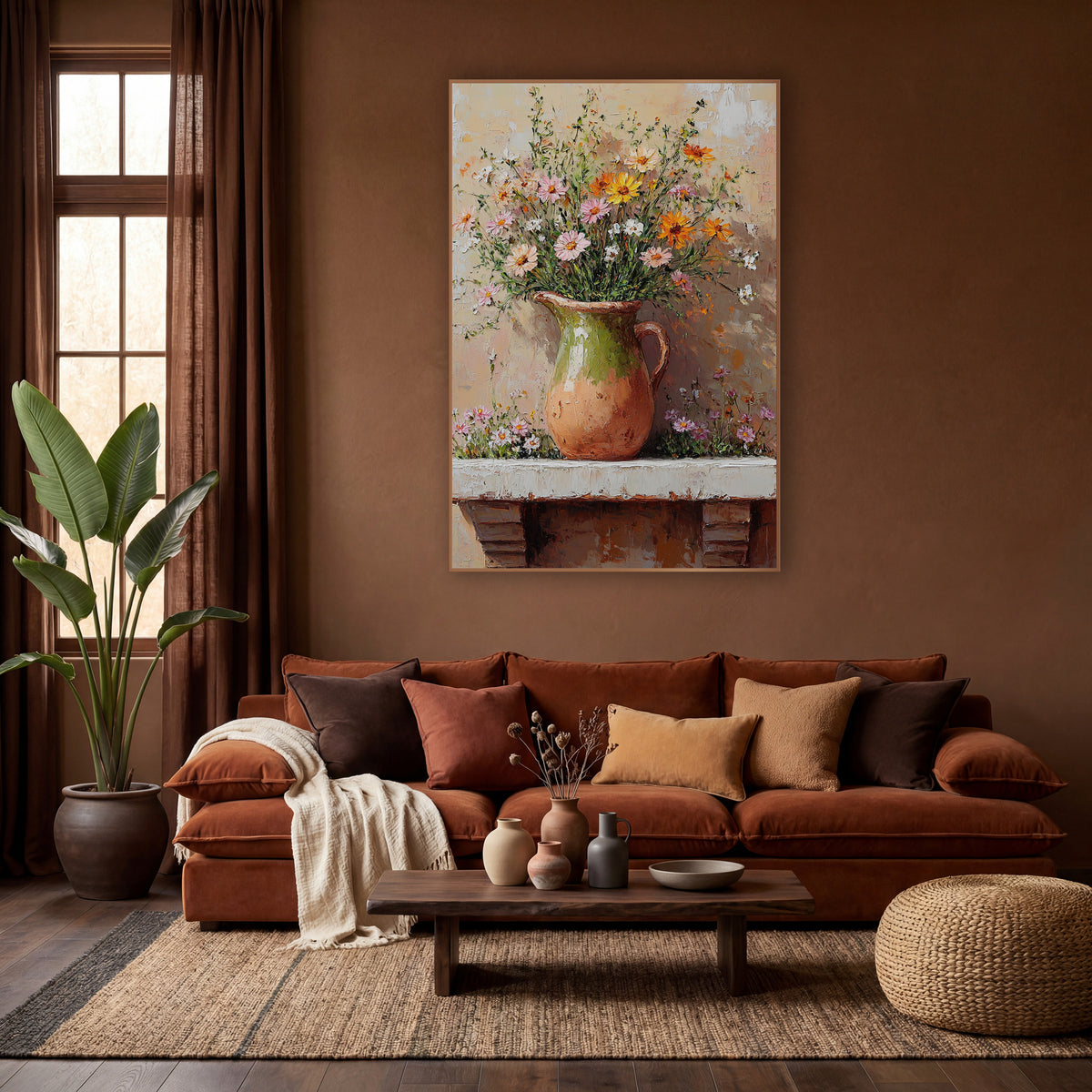 Peach Wildflower Jug Boho wall art in a warm boho-style room – pink, orange and white wildflowers in a green-glazed
