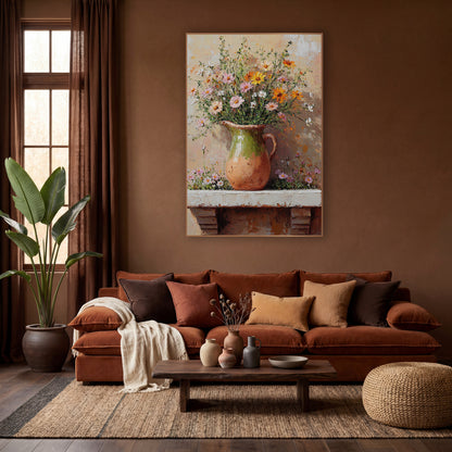 Peach Wildflower Jug Boho wall art in a warm boho-style room – pink, orange and white wildflowers in a green-glazed
