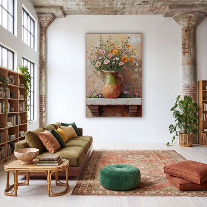 Peach Wildflower Jug Boho wall art in a warm boho-style room – pink, orange and white wildflowers in a green-glazed