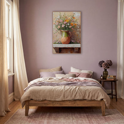 Peach Wildflower Jug Boho wall art in a warm boho-style room – pink, orange and white wildflowers in a green-glazed