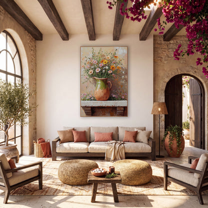 Peach Wildflower Jug Boho wall art in a warm boho-style room – pink, orange and white wildflowers in a green-glazed