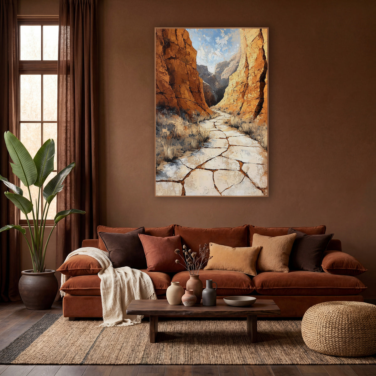 Ochre Canyon Trail Southwestern wall art in a warm boho-style room – cracked pale trail winding between tall