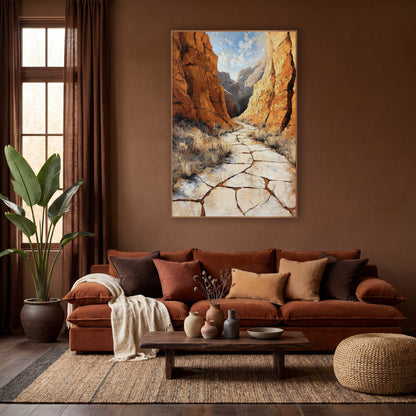 Ochre Canyon Trail Southwestern wall art in a warm boho-style room – cracked pale trail winding between tall