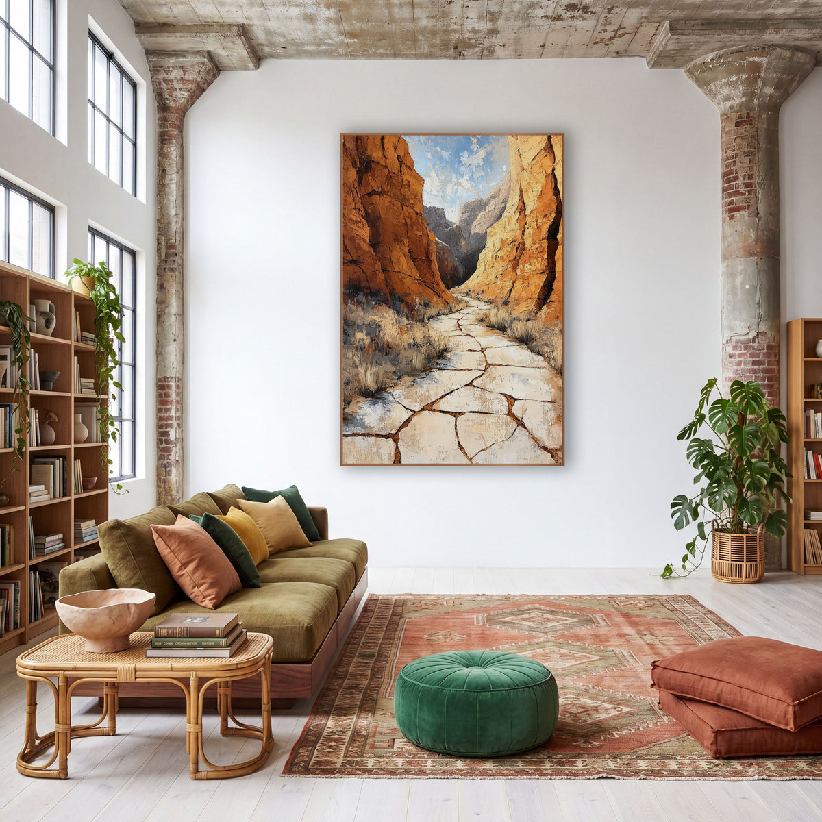 Ochre Canyon Trail Southwestern wall art in a warm boho-style room – cracked pale trail winding between tall
