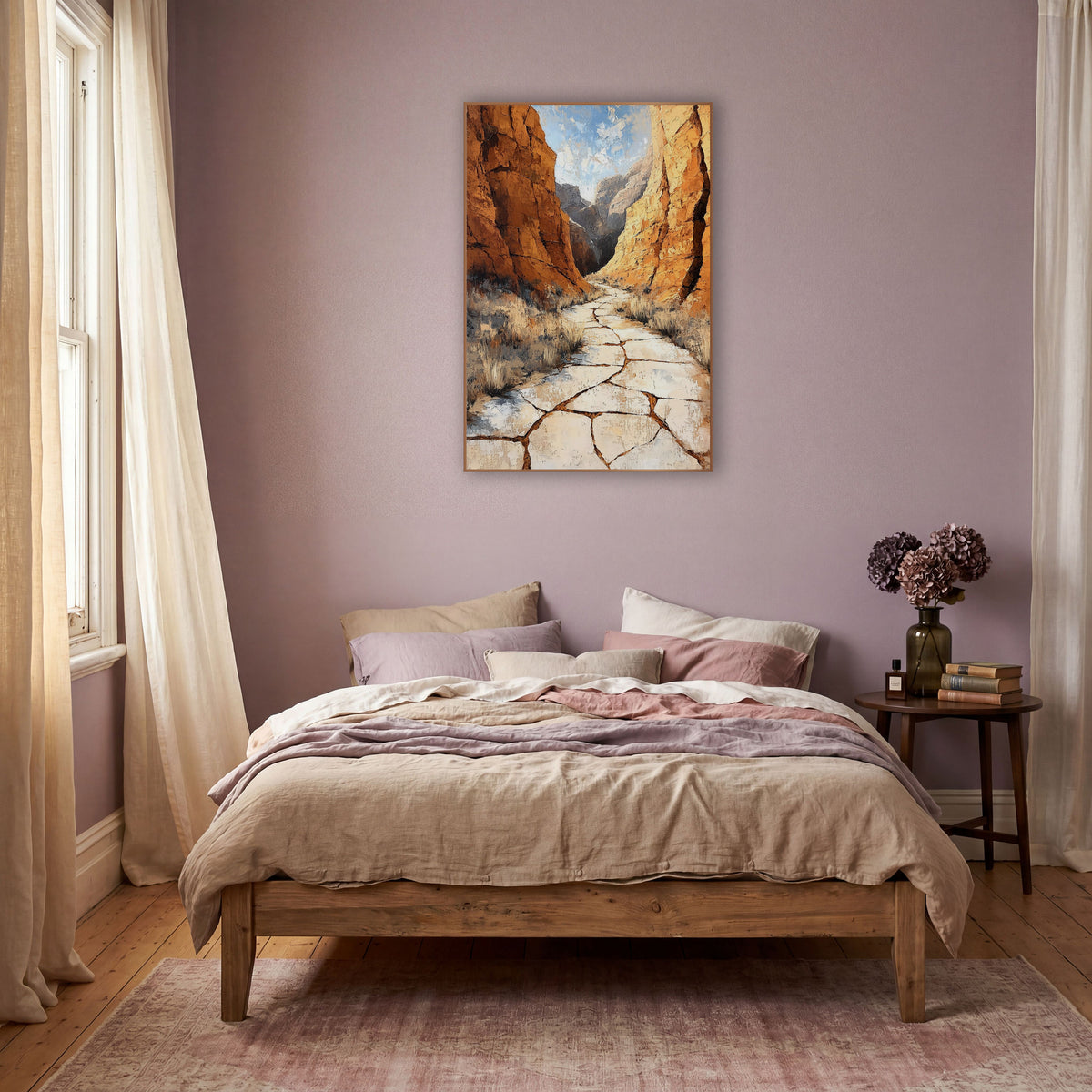 Ochre Canyon Trail Southwestern wall art in a warm boho-style room – cracked pale trail winding between tall