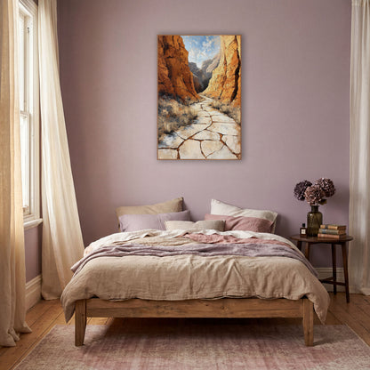 Ochre Canyon Trail Southwestern wall art in a warm boho-style room – cracked pale trail winding between tall