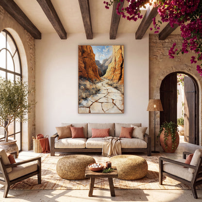 Ochre Canyon Trail Southwestern wall art in a warm boho-style room – cracked pale trail winding between tall