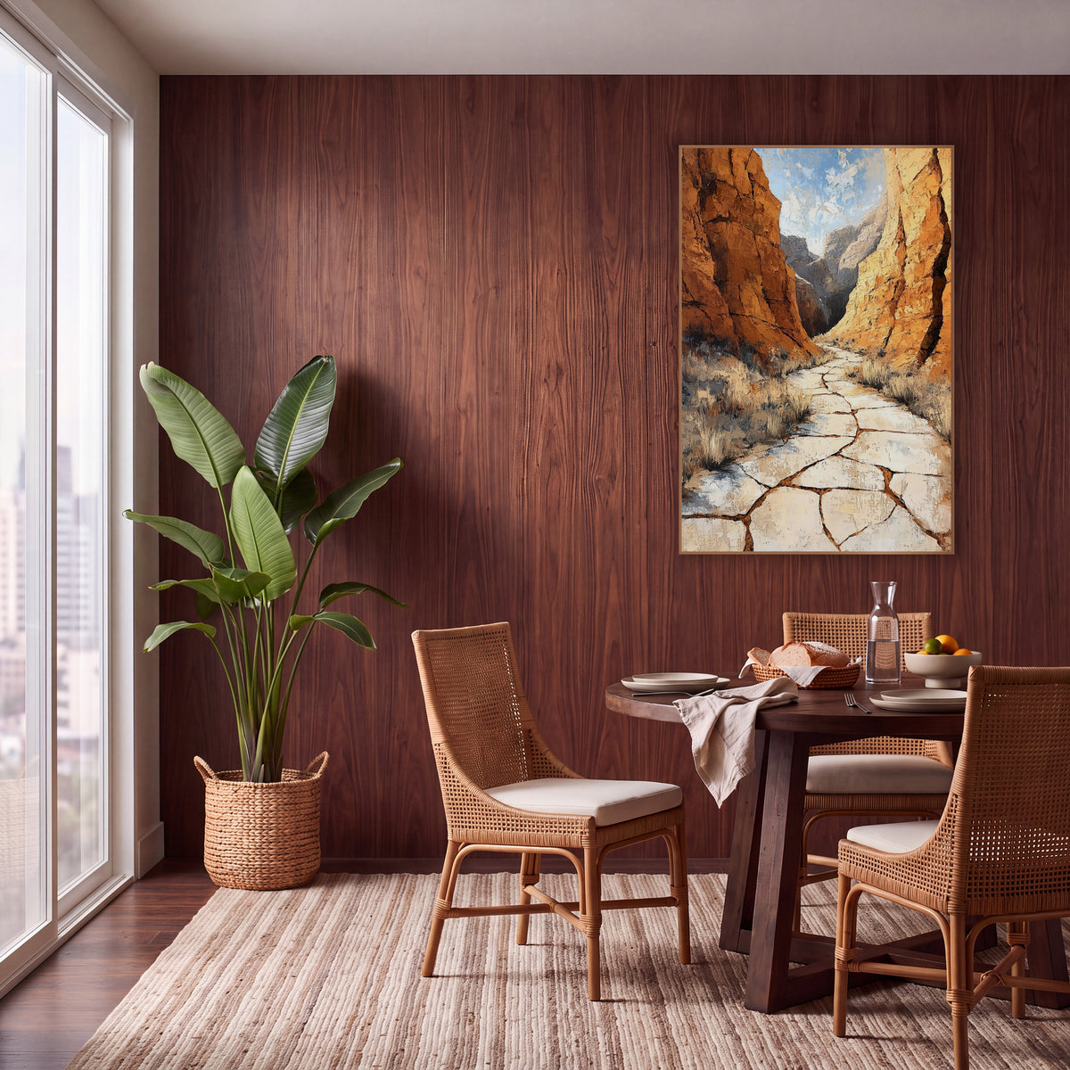 Ochre Canyon Trail Southwestern wall art in a warm boho-style room – cracked pale trail winding between tall