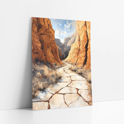 Ochre Canyon Trail Southwestern art print leaning against a white wall – cracked pale trail winding between tall orange-brown