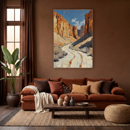 Winding Canyon Trail Southwestern Landscape wall art in a warm boho-style room – pale winding trail with rust tracks