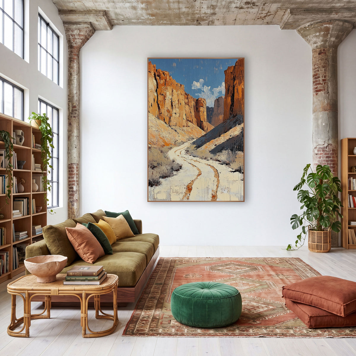 Winding Canyon Trail Southwestern Landscape wall art in a warm boho-style room – pale winding trail with rust tracks