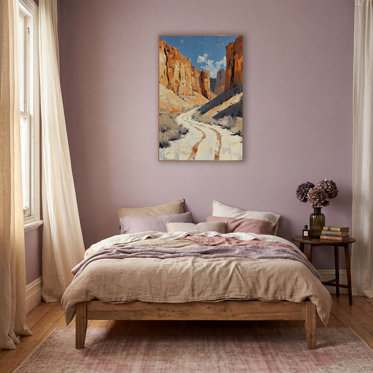 Winding Canyon Trail Southwestern Landscape wall art in a warm boho-style room – pale winding trail with rust tracks