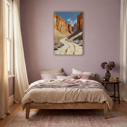 Winding Canyon Trail Southwestern Landscape wall art in a warm boho-style room – pale winding trail with rust tracks
