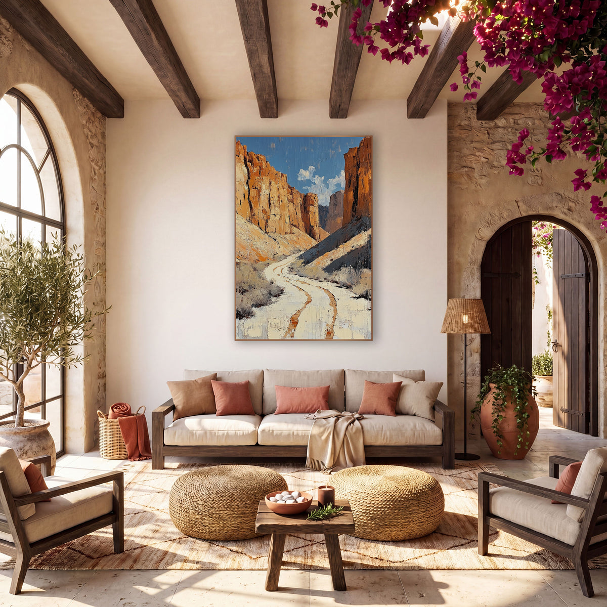 Winding Canyon Trail Southwestern Landscape wall art in a warm boho-style room – pale winding trail with rust tracks