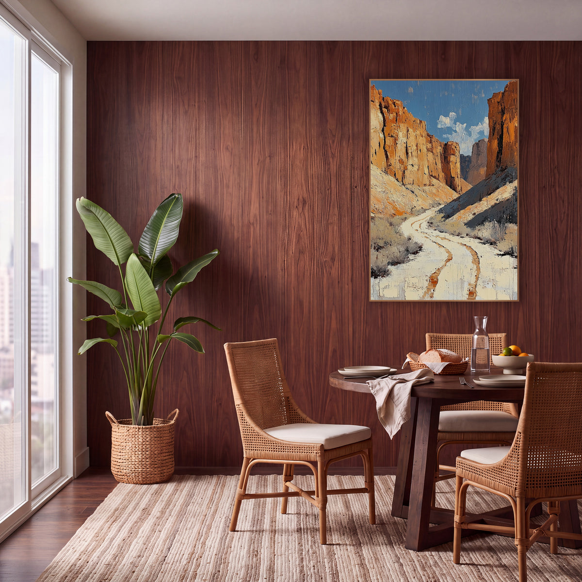 Winding Canyon Trail Southwestern Landscape wall art in a warm boho-style room – pale winding trail with rust tracks