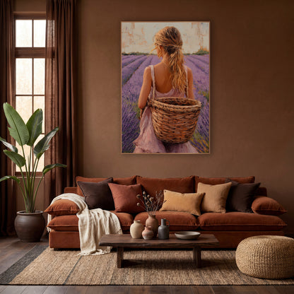 Lavender Field Woman Basket Boho wall art in a warm boho-style room – woman in a pink sundress with a blond ponytail