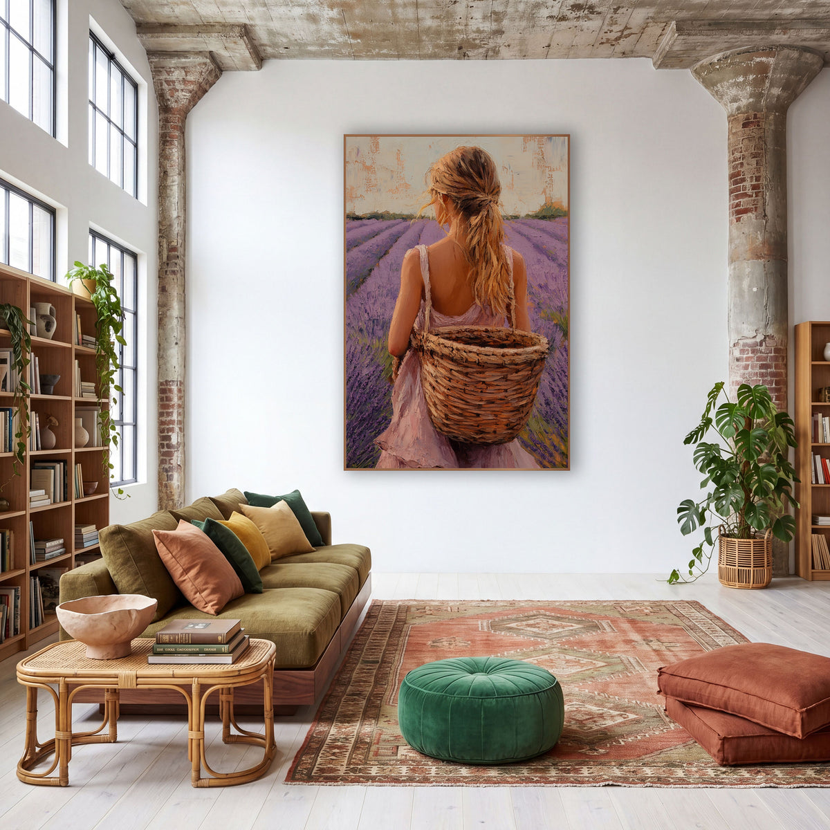 Lavender Field Woman Basket Boho wall art in a warm boho-style room – woman in a pink sundress with a blond ponytail