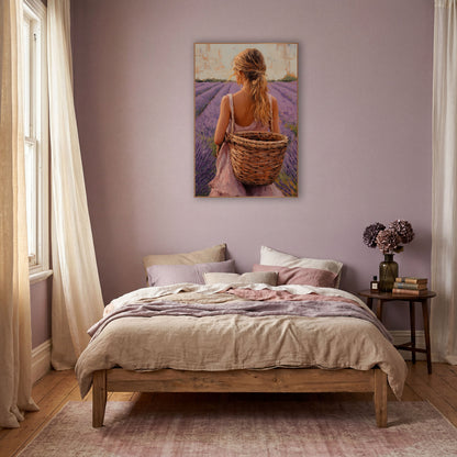 Lavender Field Woman Basket Boho wall art in a warm boho-style room – woman in a pink sundress with a blond ponytail