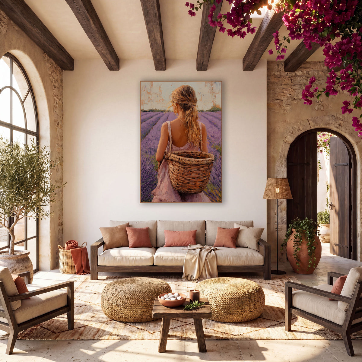 Lavender Field Woman Basket Boho wall art in a warm boho-style room – woman in a pink sundress with a blond ponytail