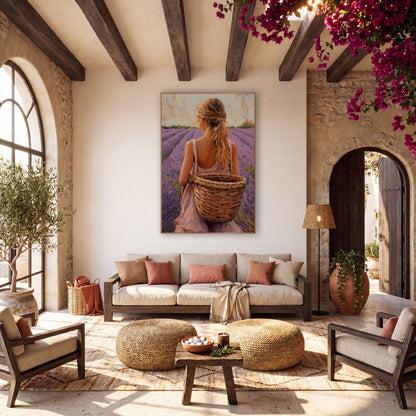 Lavender Field Woman Basket Boho wall art in a warm boho-style room – woman in a pink sundress with a blond ponytail