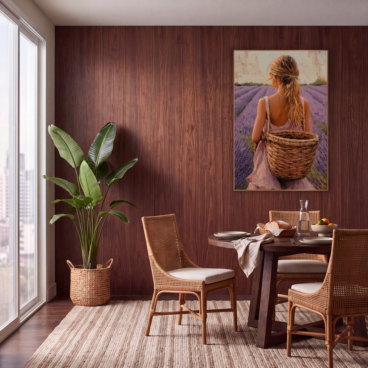 Lavender Field Woman Basket Boho wall art in a warm boho-style room – woman in a pink sundress with a blond ponytail
