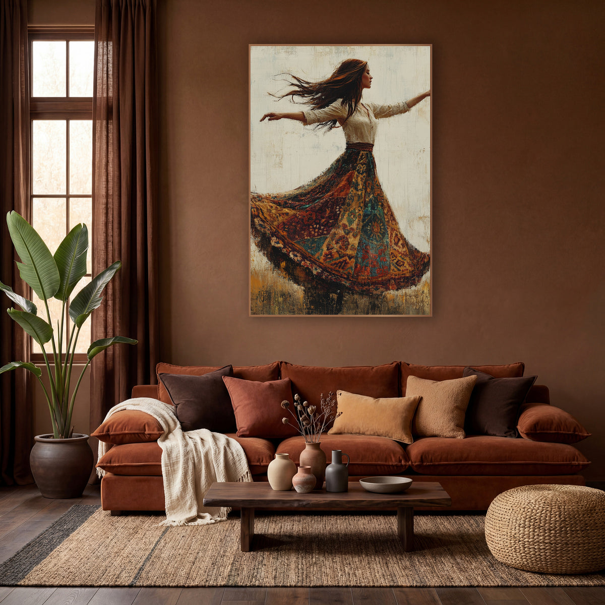 Twirling Woman Patchwork Skirt Boho wall art in a warm boho-style room – woman in profile twirling in a wide patchwork