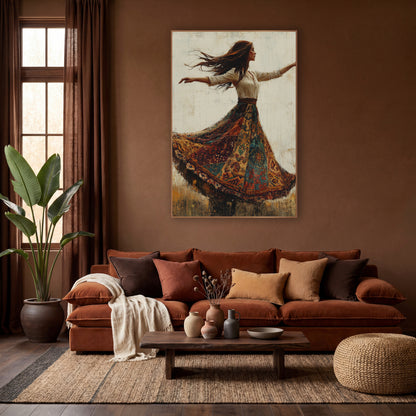 Twirling Woman Patchwork Skirt Boho wall art in a warm boho-style room – woman in profile twirling in a wide patchwork