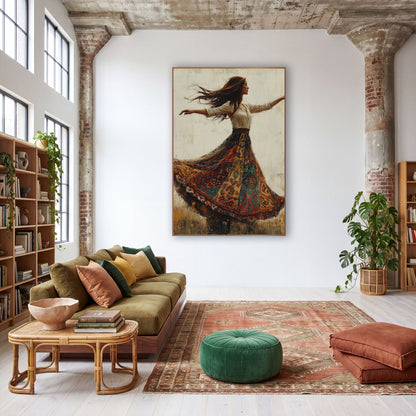 Twirling Woman Patchwork Skirt Boho wall art in a warm boho-style room – woman in profile twirling in a wide patchwork