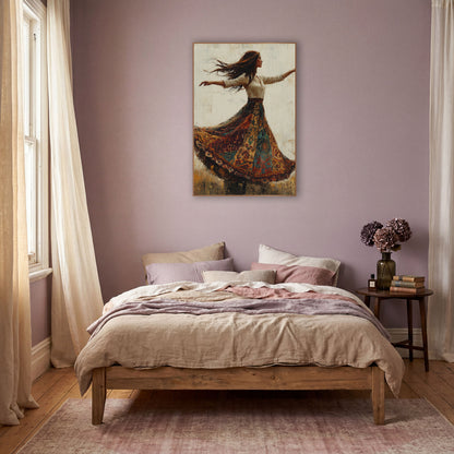 Twirling Woman Patchwork Skirt Boho wall art in a warm boho-style room – woman in profile twirling in a wide patchwork
