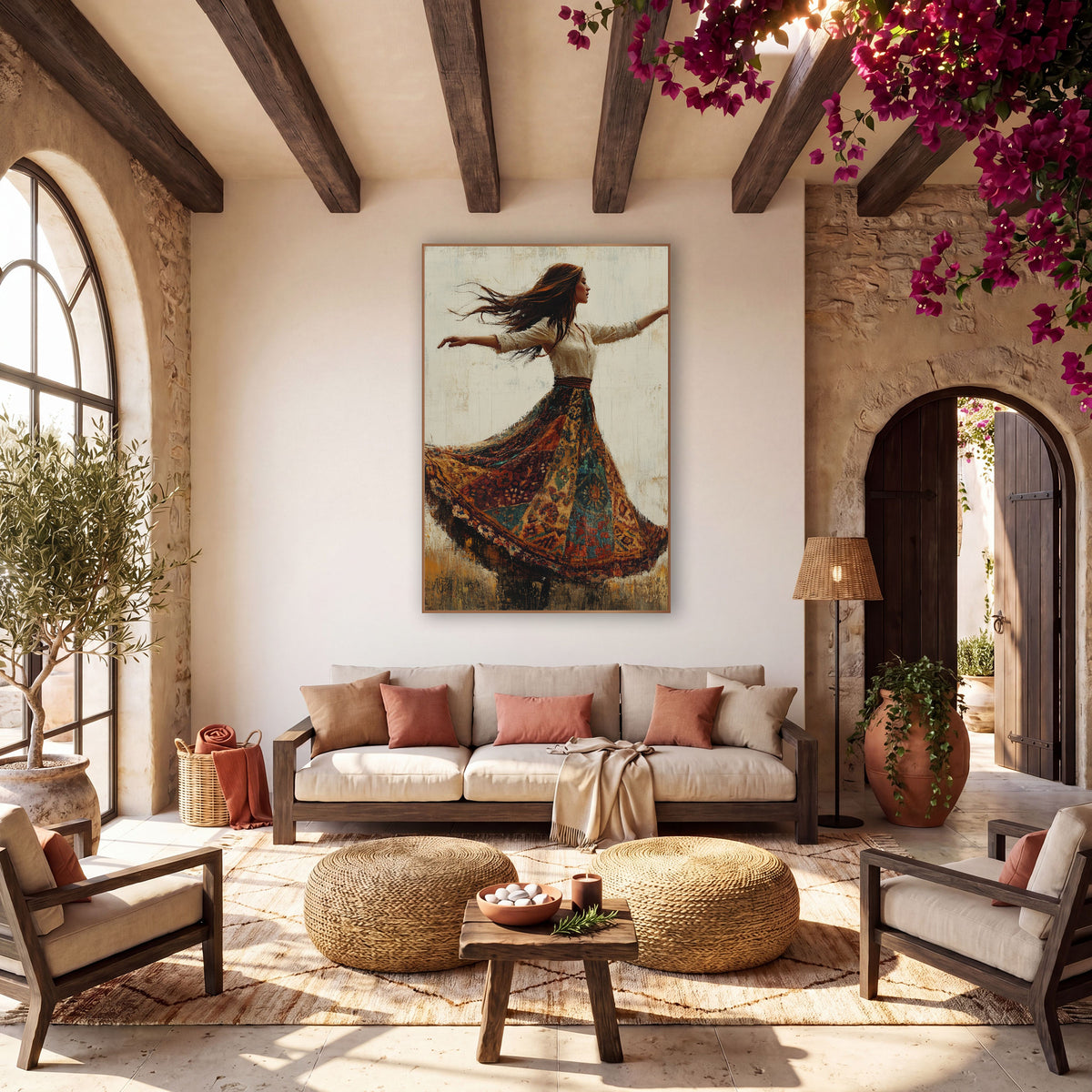Twirling Woman Patchwork Skirt Boho wall art in a warm boho-style room – woman in profile twirling in a wide patchwork