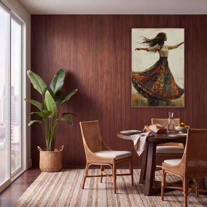 Twirling Woman Patchwork Skirt Boho wall art in a warm boho-style room – woman in profile twirling in a wide patchwork
