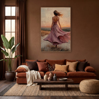 Windswept Woman Pink Dress Boho wall art in a warm boho-style room – woman in a flowing mauve-pink dress seen