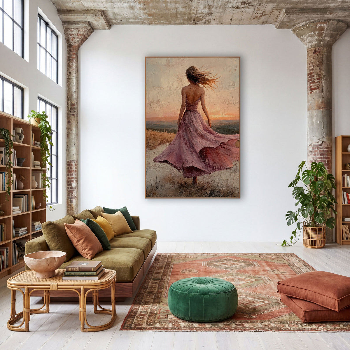 Windswept Woman Pink Dress Boho wall art in a warm boho-style room – woman in a flowing mauve-pink dress seen