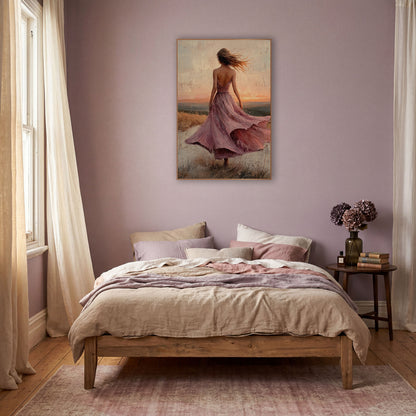 Windswept Woman Pink Dress Boho wall art in a warm boho-style room – woman in a flowing mauve-pink dress seen
