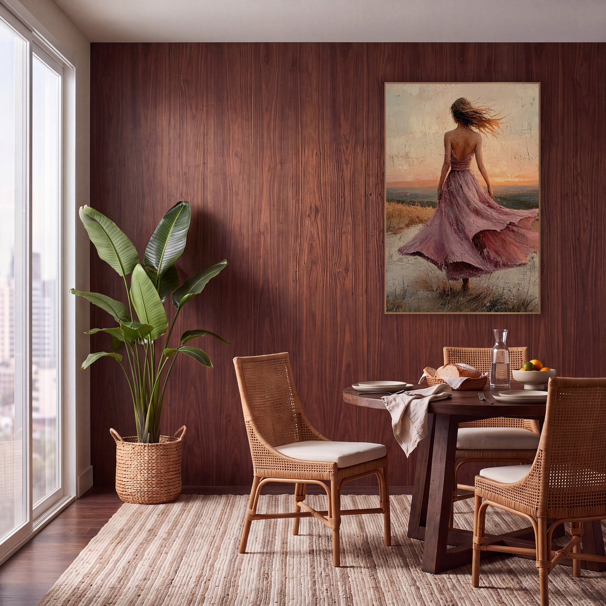 Windswept Woman Pink Dress Boho wall art in a warm boho-style room – woman in a flowing mauve-pink dress seen