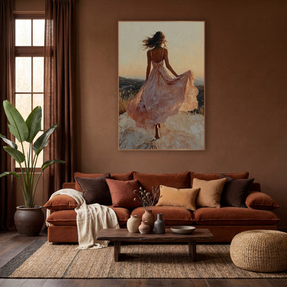 Woman in Blush Dress Hilltop Boho wall art in a warm boho-style room – woman in a flowing blush dress seen from behind