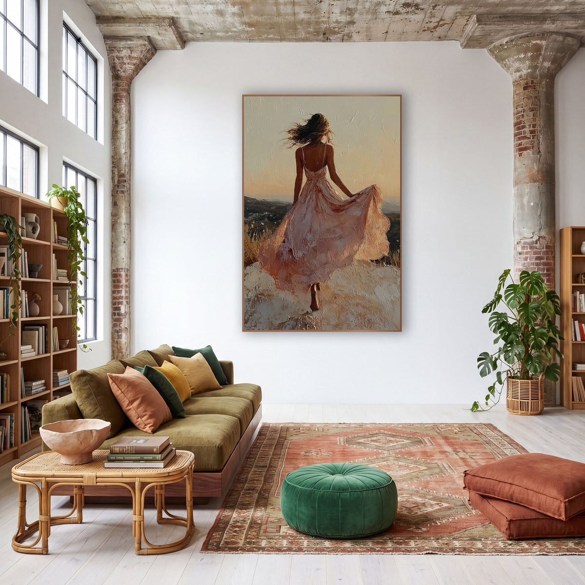 Woman in Blush Dress Hilltop Boho wall art in a warm boho-style room – woman in a flowing blush dress seen from behind