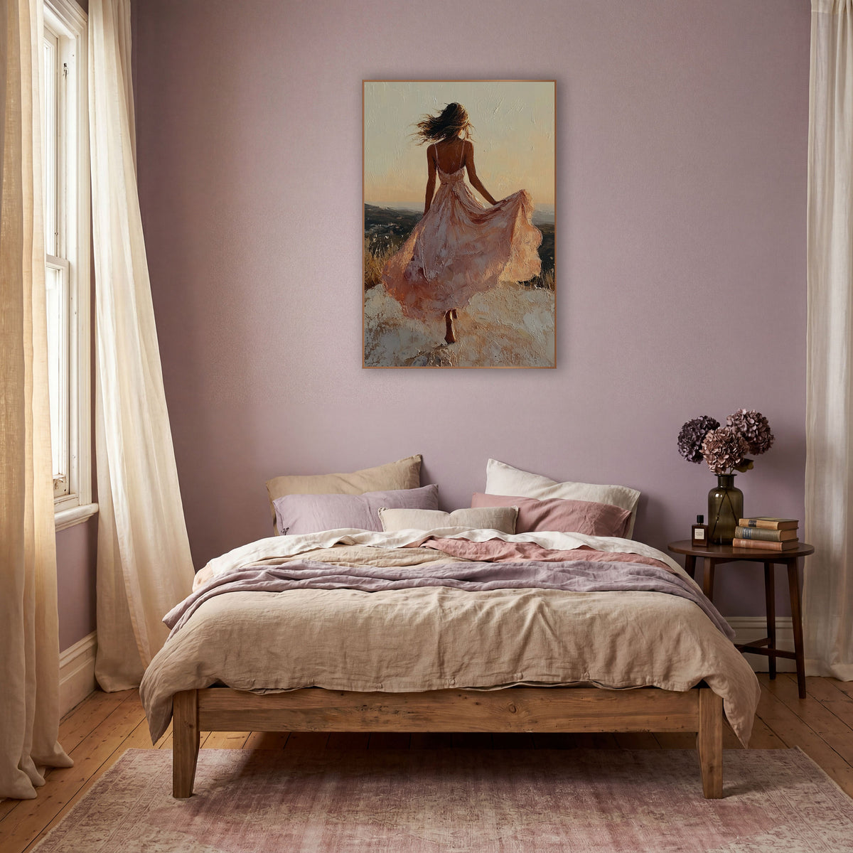 Woman in Blush Dress Hilltop Boho wall art in a warm boho-style room – woman in a flowing blush dress seen from behind