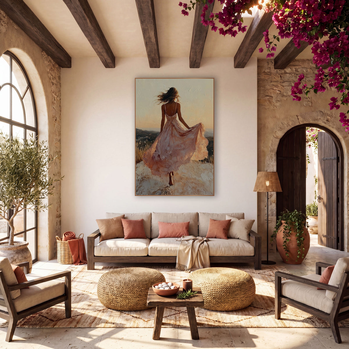 Woman in Blush Dress Hilltop Boho wall art in a warm boho-style room – woman in a flowing blush dress seen from behind