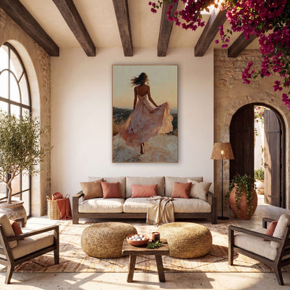 Woman in Blush Dress Hilltop Boho wall art in a warm boho-style room – woman in a flowing blush dress seen from behind