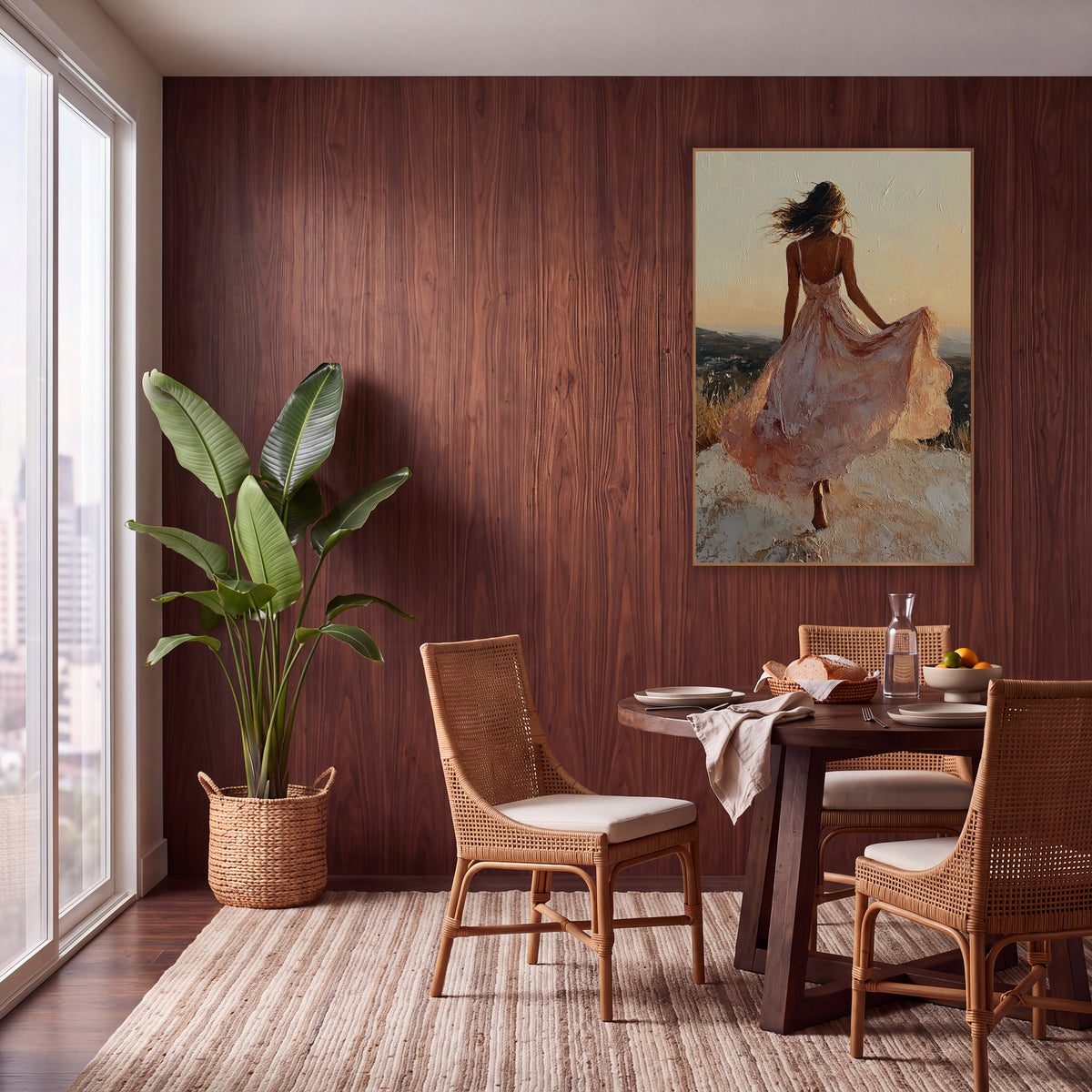 Woman in Blush Dress Hilltop Boho wall art in a warm boho-style room – woman in a flowing blush dress seen from behind