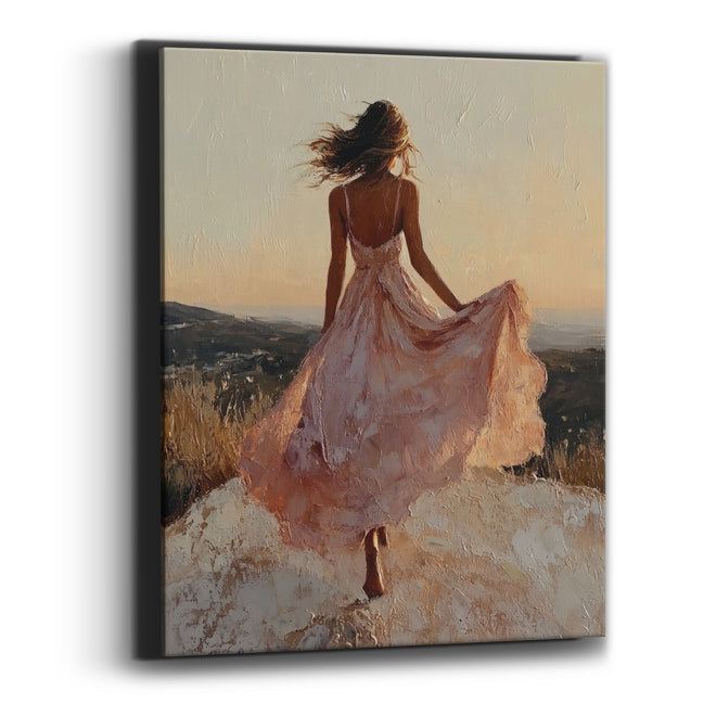 Woman in Blush Dress Hilltop Boho Canvas Wall Art