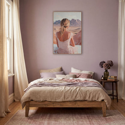 Woman Overlooking Desert Mesas Boho wall art in a warm boho-style room – woman in a blush pink dress seen from behind