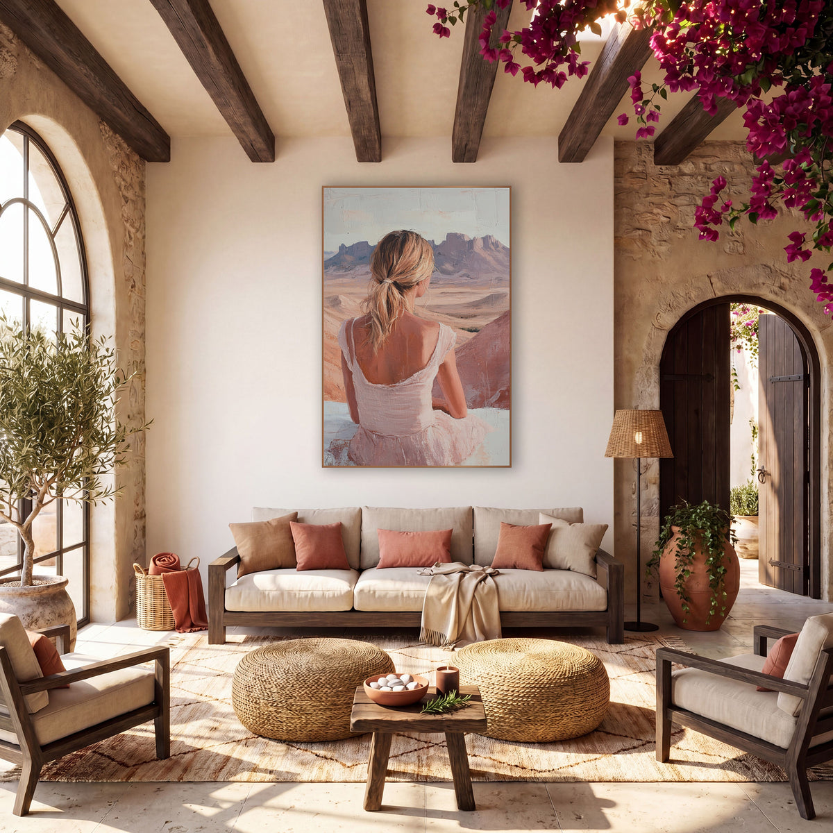 Woman Overlooking Desert Mesas Boho wall art in a warm boho-style room – woman in a blush pink dress seen from behind